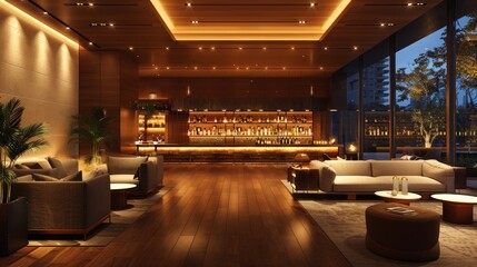 Interior of cozy modern restaurant with a bar counter and lamp lighting