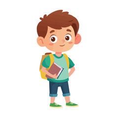 Cute Boy with Backpack and Book Cartoon Vector Icon Illustration on a White Background