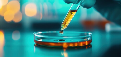 Dropper releasing liquid into petri dish, vibrant colors, laboratory setting.