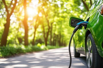 Naklejka premium Electric car charging at a green nature backdrop with sunlight.