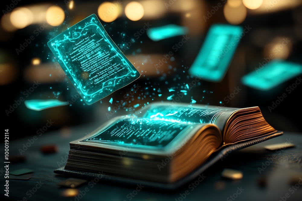 Poster Magical floating books and flashcards in a fantasy classroom, where teaching materials glow with enchanted light, and students are learning from magical tools