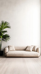 Modern minimalistic interior design featuring a light-colored sofa and a tall palm plant in a spacious room