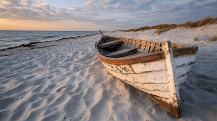 An aged wooden boat lies abandoned on the sandy beach at sunrise, evoking a sense of tranquility and the passage of time. Elements of rustic beauty and serene nature combine.