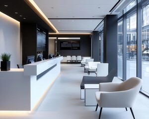 Fototapeta premium Modern bank lounge with interactive touch screen desks, sleek furniture, and ambient lighting, Contemporary, cool tones, clean design