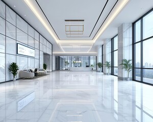 Modern bank lobby with sleek white marble floors, minimalist furniture, large glass windows, and soft ambient lighting, futuristic design, digital display screens, 3D rendering