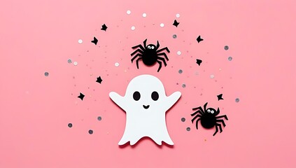 halloween card black spiders grey ghost confetti pink background