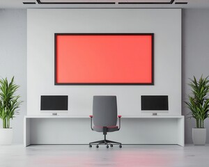 Modern bank interior with a digital art installation, minimalist chairs, and interactive financial screens, Contemporary, white and grey palette, neon accents