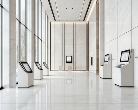Corporate bank lobby with white marble floors, digital kiosks, and a massive chandelier, Luxury, clean lines, ambient lighting