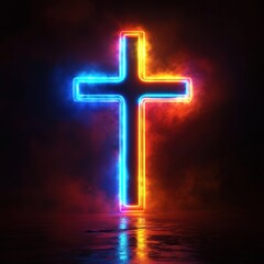 The neon cross glows with vivid colors, casting reflections on the surface in a darkened environment