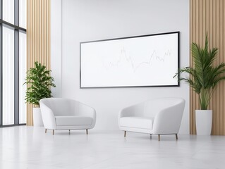 Corporate bank lobby with large digital screens showing stock market data, modern furniture, and a clean white design, Minimalist, cool tones, crisp lighting
