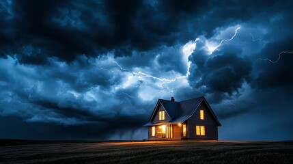 A rural house illuminated by frequent lightning strikes, while a powerful storm rages around it, with heavy rain and strong winds