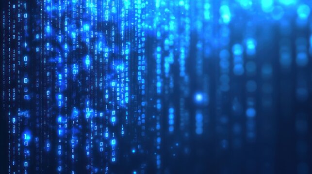 Cascading streams of blue binary code illuminate a virtual setting, evoking a sense of technology and innovation