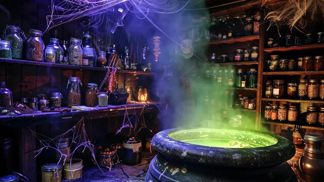 Mystical potion room with bubbling cauldron and enchanted atmosphere
