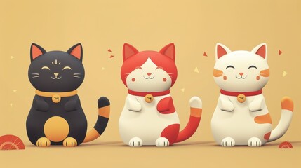 Obraz premium Three adorable cartoon cats with vibrant colors, showcasing their playful and cheerful personalities against a soft background.