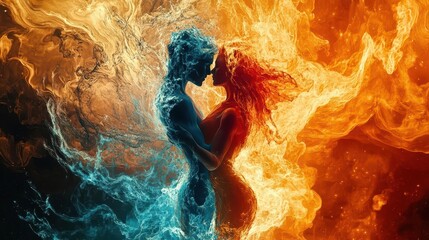 passionate embrace between two lovers their bodies intertwining like flames and water swirling elements represent the intense duality of their connection in a surreal abstract style