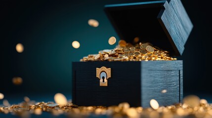 A chest filled with gold coins, with a lock shaped like an eye, symbolizing the enigma of acquiring and securing assets.