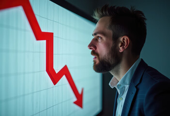 A concerned businessman closely examines a declining red arrow graph on a monitor, indicating a financial downturn or economic slump.
