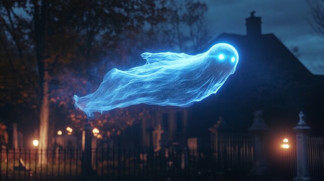 Holographic Ghost Projected by a Robot, A futuristic ghost floats over a graveyard, symbolizing technology, death, mystery, the supernatural, and the future.