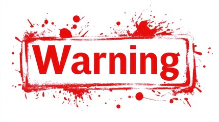 A bold red warning sign with paint splatters serves as a cautionary notice, conveying urgency and alertness