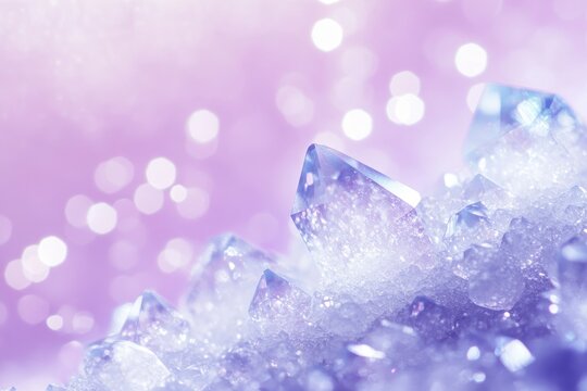 closeup of white crystal particles, sparkling like diamonds with a light purple background with bokeh effect