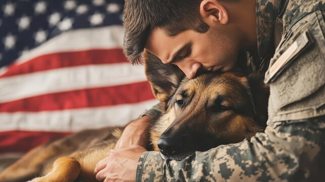patriotic scene with soldier and service dog american flag backdrop emotional connection honor and loyalty soft focus heartfelt tribute to veterans