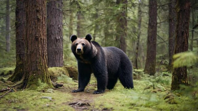 Wild black bear standing and looking around in the forest. Summer or autumn animal wildlife watching footage for animalistic video. Realistic shot at woods landscape with mammal.