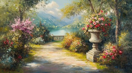 Estores personalizados con tu foto peaceful garden with blooming flowers and classical stone statue idyllic landscape oil painting