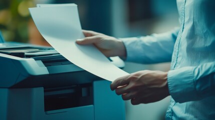 Obraz premium Close-up of a man feeding paper into a printer, emphasizing task detail and precision.