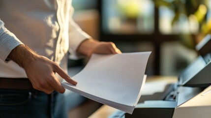 A man handling white papers at a modern office printer in a professional workspace.