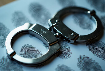A detailed image showcasing metal handcuffs placed on a fingerprint identification sheet, symbolizing law enforcement and criminal investigation themes.