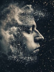 A surreal portrait of a face dissolving into particles.