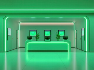 Futuristic bank interior with digital hologram machines, sleek service counters, and ambient lighting, Tech-futuristic, neon green, photorealistic