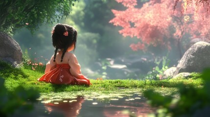 Animated Girl in Serene Garden by Water