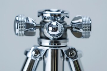 closeup of a tripod with a screw in it on a grey background