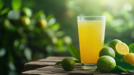 Fototapeta premium Glass of Calamansi Juice with Fresh Calamansi Fruits on a Wooden Table
