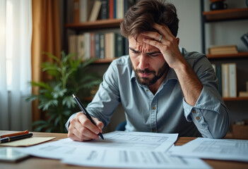 A man appears stressed while reviewing financial documents at his home desk, indicating financial pressure and anxiety. The scene reflects a common business or personal finance scenario