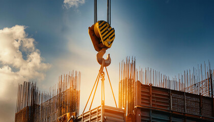 Close-Up of Crane Hook Lifting Heavy Materials
