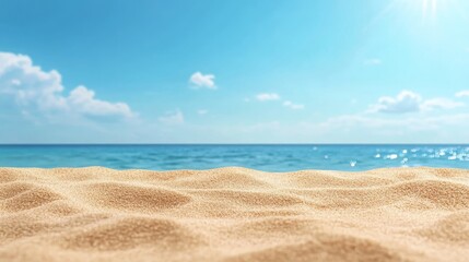 Fototapeta premium Sandy Beach with Turquoise Sea and Sky, perfect for summer vacation, relaxation, tropical getaway, and enjoying the sunshine.