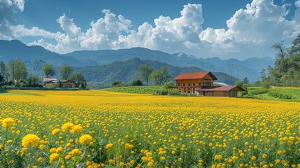 Mustard field and some houses behind the mustard field under the blue sky long view 