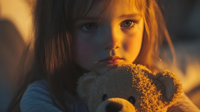 poignant scene of a sad little girl clutching a teddy bear soft lighting emphasizes her vulnerable expression evoking empathy and concern