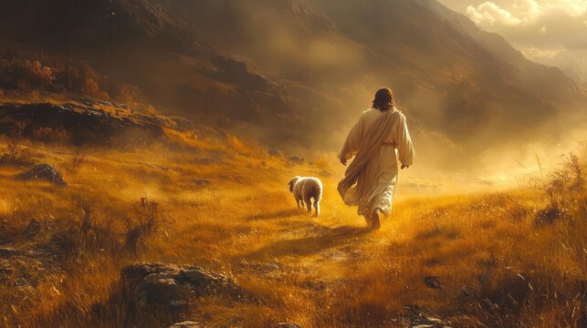 poignant scene of jesus running towards a lost lamb in a rugged landscape dramatic lighting and expressive brushstrokes convey urgency and compassion symbolizing divine love and redemption