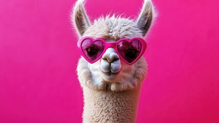 pop art alpaca portrait quirky lama sporting bubblegumpink heartshaped sunglasses against vibrant pink background playful and trendy character with attitude
