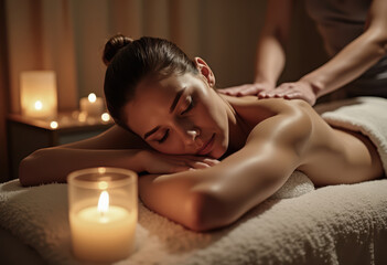 A serene spa setting featuring a woman enjoying a massage with soft candlelight, promoting relaxation and tranquility.