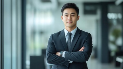 portrait of a confident asian businessman in a modern corporate setting sharp suit authoritative pose and sleek office background convey professionalism and success in the global business world