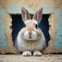 Playful Bunny Emerging from Blue Fluffy Hole