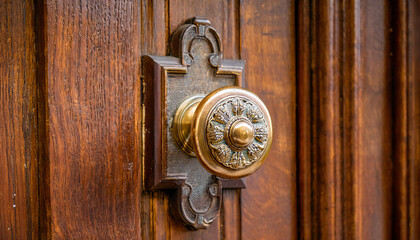 Fototapeta premium Close-Up of a Vintage Brass Doorknob on a Wooden Door
