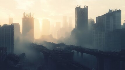 postapocalyptic cityscape crumbling skyscrapers and collapsed bridges amidst a hazy dustfilled sky nature begins to reclaim the abandoned urban environment