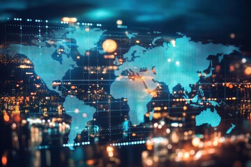 A Digital World Map Over a Nighttime Cityscape