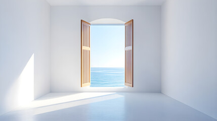 Serene Ocean View from Minimalist White Room with Wooden Window