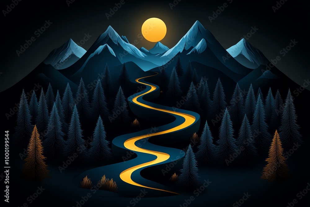 Poster minimal hiking trail design, with abstract shapes representing a winding path through the woods, sur